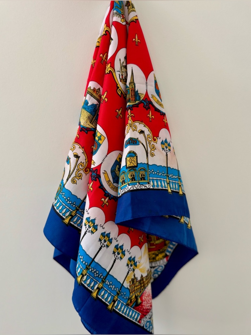 Vintage Silk-Feel Red & Blue Decorative Paris Scarf